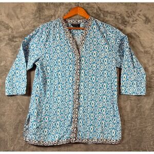 Foxcroft Womens Shirt Top Size 14 Blue Geo Print Wrinkle Free Shaped Fit Button